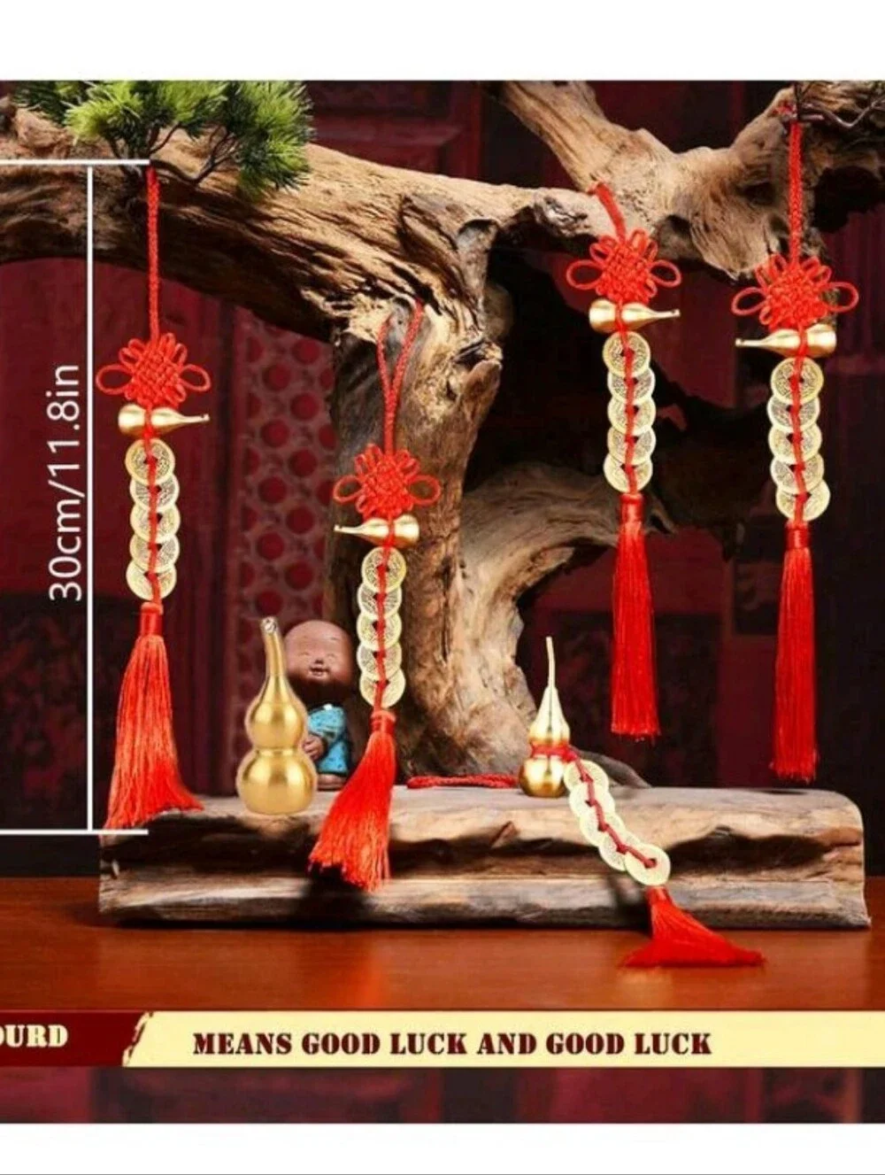 4 Chinese Feng Shui 5 Coin Hanging Charm Pendant w/Gourd & Red Tassel